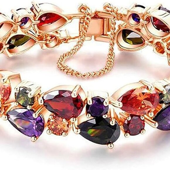 Rose Gold Plated Tennis Bracelet 7-8 Inch Multicolor Cubic Zirconia for Women - Picture 1 of 7